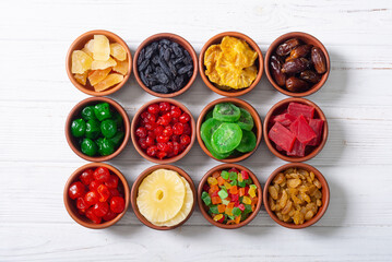 Group of dried and candied fruit in bowl