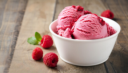 Raspberry ice cream in white bowl on wooden table