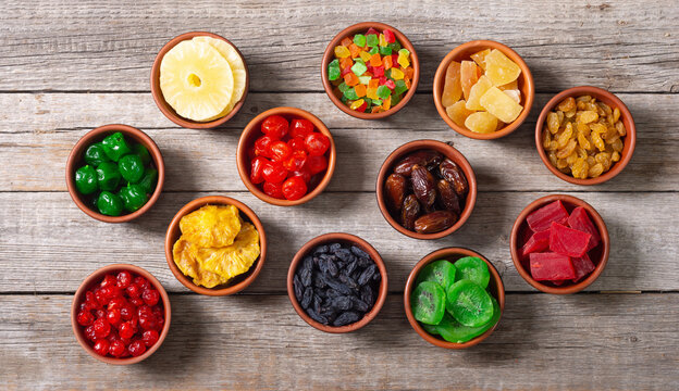Group of dried and candied fruit in bowl