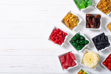 Group of dried and candied fruit in bowl