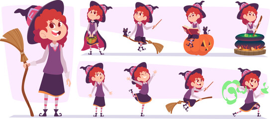 Witch in hat. Little girl fantasy witch making poison exact vector character in purple clothes