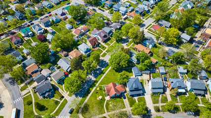 Large neighborhood city downtown village HOA aerial of houses and landscaping