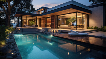 Fototapeta premium A beautiful, expensive, luxury villa with a large outdoor pool in the evening at sunset. Generative AI