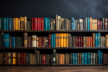 Fototapeta premium Wooden book shelf filled with books in various shape and sizes, hardwood floor Generative AI