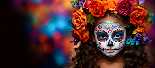 Girl with skull face paint and roses in hair celebrating Day of the Dead, wide banner, copyspace