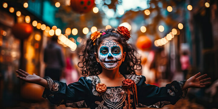 Happy child with skull face paint celebrating Day of the Dead, outdoor, wide banner, copyspace