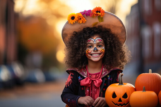 Happy child with face paint celebrating Halloween and Day of the Dead, outdoor, copyspace