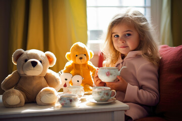 Young girl hosting a tea party with her stuffed animals, showcasing childhood innocence and the power of imagination