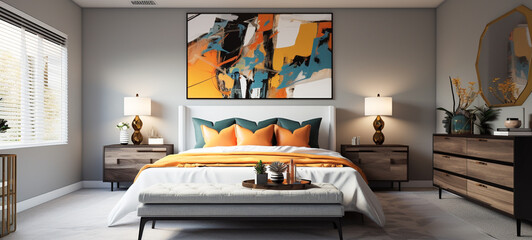 Obraz na płótnie Canvas Master bed room with black and white bedroom decor. Generative AI.