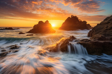 A sunset over a rocky beach. the sun is setting behind a large rock formation in the center, surrounded by smaller rocks and the ocean, long exposure, summer