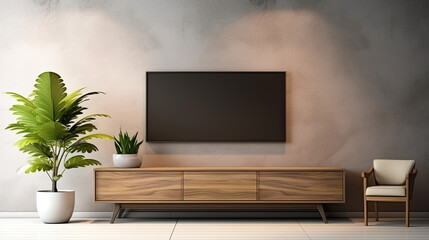 a TV on a brown wall in a minimally furnished living room. Generative AI