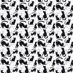 Pattern with black cats and stroke. Vector. For brochures, advertising, flyers and design, fabrics and prints. Cartoon style.