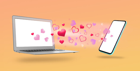 Love in long distance relationship. Many hearts between laptop and mobile phone on gradient background, banner design