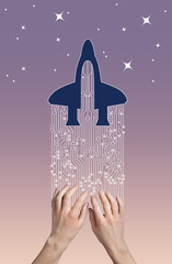 Man using circuit board pattern to launch illustration of rocket on gradient background, closeup....