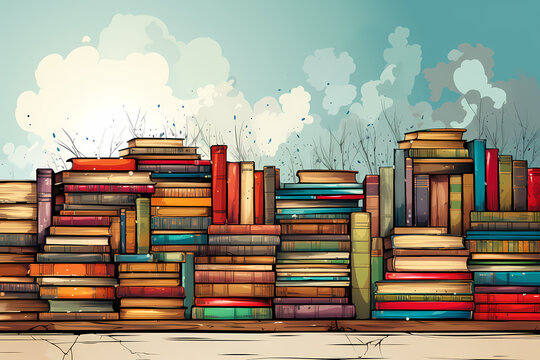 Illustrated piles of books in various sizes and colors Generative AI