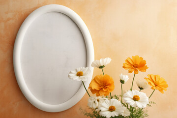 Minimalistic Beauty: White Oval Frame Accentuated by Marigolds against an Orange Canvas, Generative AI