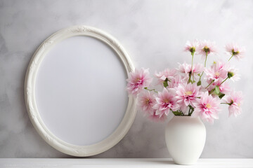 Chic White Oval Frame Mockup with Summer's Pink Floral Beauty, Generative AI