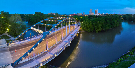 Panorama of Dr. Martin Luther King Jr. Memorial Bridge at night leading into Fort Wayne aerial