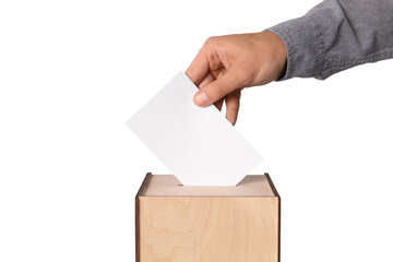 Man putting his vote into ballot box on white background, closeup