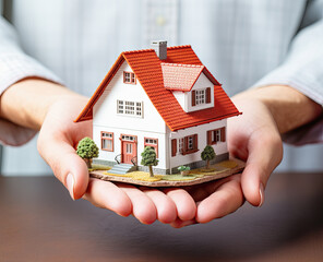 Manos de mujer sosteniendo una casa con tejado rojo, en miniatura, concepto compra vivienda.ilustracion de ia generativa