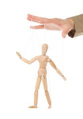 Woman pulling strings of puppet on white background, closeup