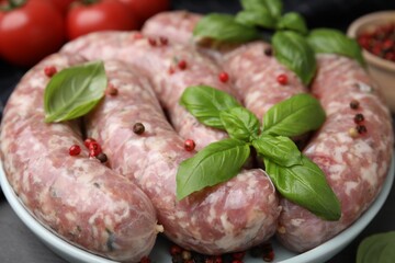 Raw homemade sausages, basil leaves and peppercorns on table, closeup