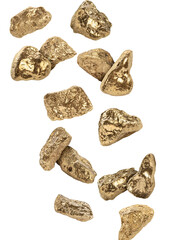 Many gold nuggets falling on white background