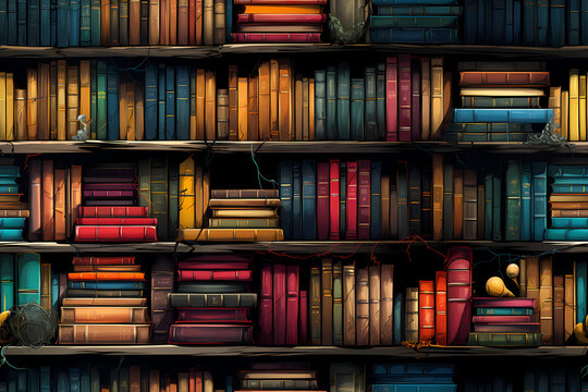 Illustrated book shelf seamless tile pattern Generative AI