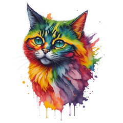 Watercolor Cat On A Transparent Or White Background. Abstract Portrait Colorful Cat Kitten