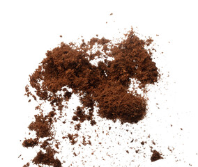 Coconut peel husk flying explosion, coconut chopped fine small S size fall down as dust. Coconut powder peel fertilizer splash throwing in Air. White background Isolated high speed shutter, freeze