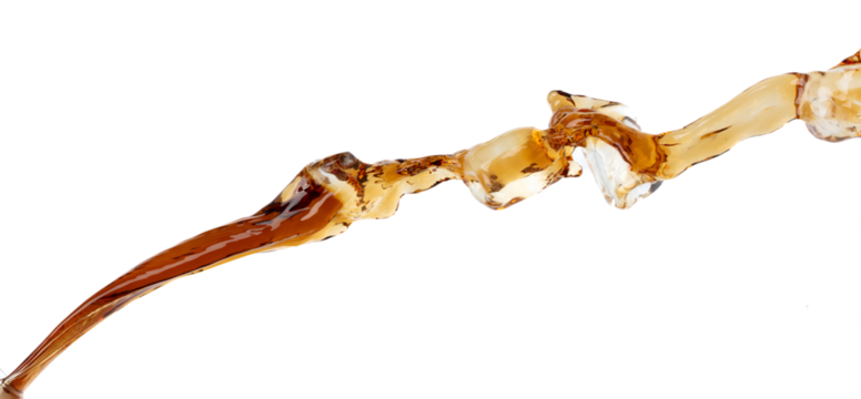 Coffee drink water mix ice cube fall pouring down in Shape form line of espresso black coffee splashes into drop soda cola attack fluttering in air, stop motion freeze shot. Splash coffee cola drink