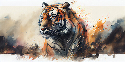 Large watercolor painting of a wild tiger Ai generated image