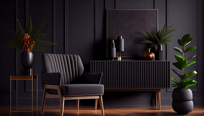 Modern luxury living room interior background, living room interior mockup, interior with black walls, dark interior of living room with black wall, chair, and wooden console, Ai generated image