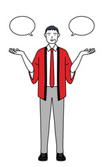 ふきだしつき、比較をする赤い法被を着た販売員のシニア男性