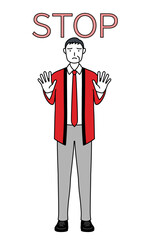 ストップの合図、体の前に手を突き出す赤い法被を着た販売員のシニア男性