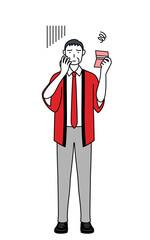 預金通帳を見て落ち込む赤い法被を着た販売員のシニア男性