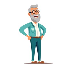 Happy Senior Man with Beard Standing and Smiling. Flat graphic illustrations isolated on white background