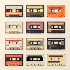 Fototapeta premium Old cassette tape collection with blank label mockup templates