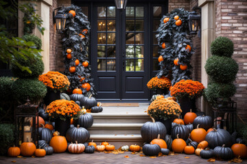Halloween fall seasonal front porch decorations, exterior home decor, pumpkins, orange and black