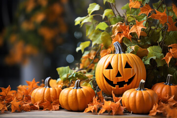 Halloween pumpkins and fall leaves, seasonal decor, copyspace
