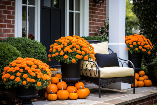Halloween fall seasonal front porch decorations, exterior home decor, chair, pumpkins, orange and black