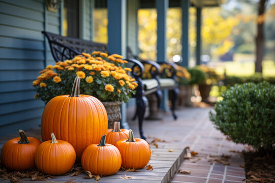 Pumpkins, flowers and benches on front porch, fall Halloween exterior home decor, seasonal decorations