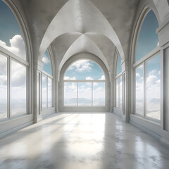Big empty bright room with big windows and blue sky, background architecture graphic asset Generative AI