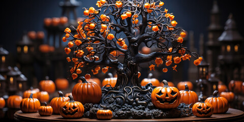 Halloween tree and pumpkins, interior tabletop home decor, seasonal decorations, wide