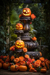 Halloween pumpkin jack o' lantern display, roses, tiers, home decor, seasonal decorations, vertical