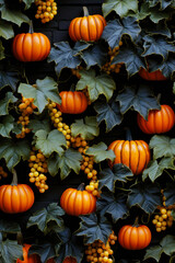 Fall pumpkins and leaves background, vertical