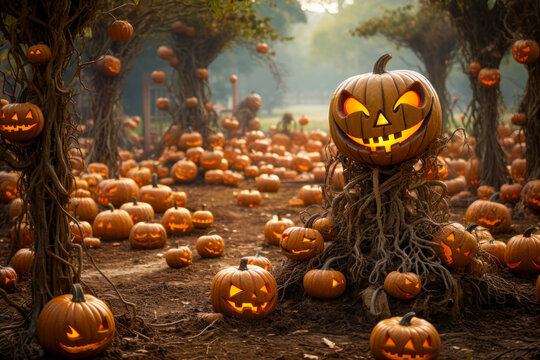 Halloween field of jack o' lanterns, pumpkin patch, spooky, exterior professional decor display, seasonal decorations