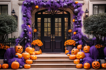 Halloween pumpkins and garlands on front porch, exterior home decor, seasonal decorations, orange and purple