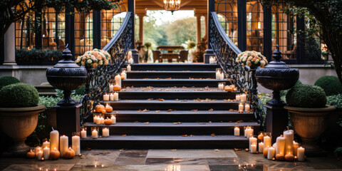 Black staircase with small candles and pumpkins leading to pavilion venue, fall autumn season, wide