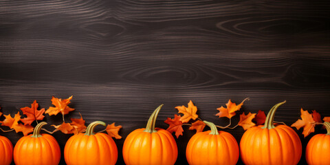 Fall pumpkins and leaves on brown wood background, wide banner, copyspace